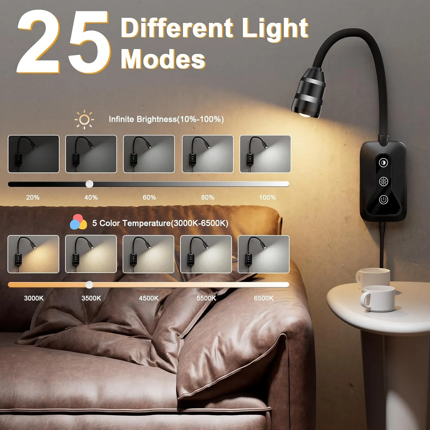 2 Pack Wall Mounted Headboard Reading Light, LED Dimmable Touch Control, Flexible Gooseneck, Ideal for Bedside, Office, or Reading (Black)