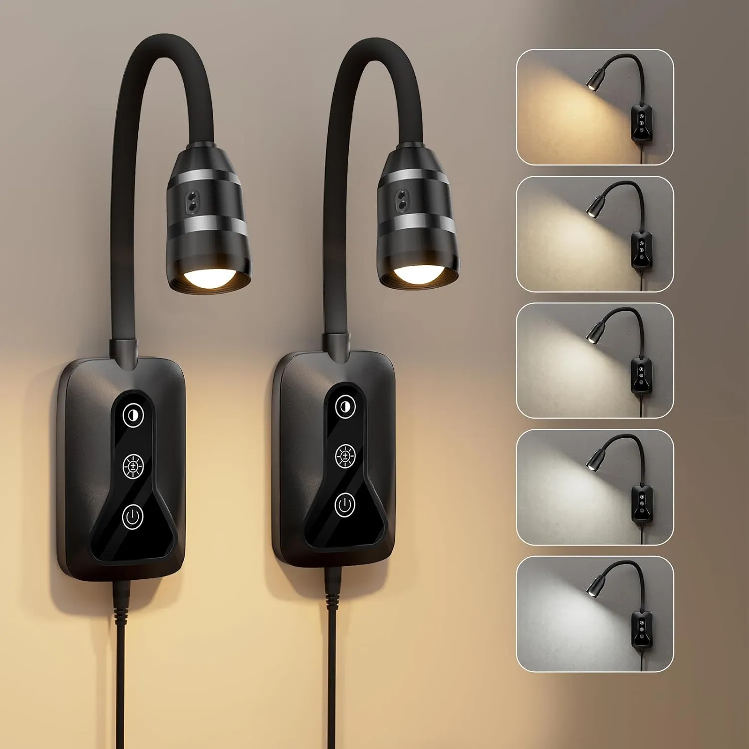 2 Pack Wall Mounted Headboard Reading Light, LED Dimmable Touch Control, Flexible Gooseneck, Ideal for Bedside, Office, or Reading (Black)