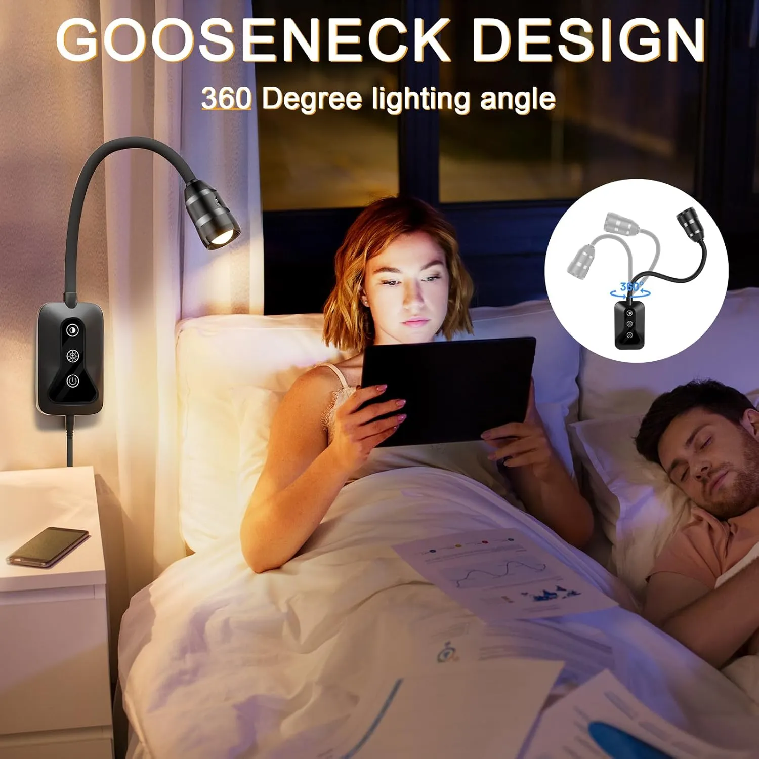 2 Pack Wall Mounted Headboard Reading Light, LED Dimmable Touch Control, Flexible Gooseneck, Ideal for Bedside, Office, or Reading (Black)