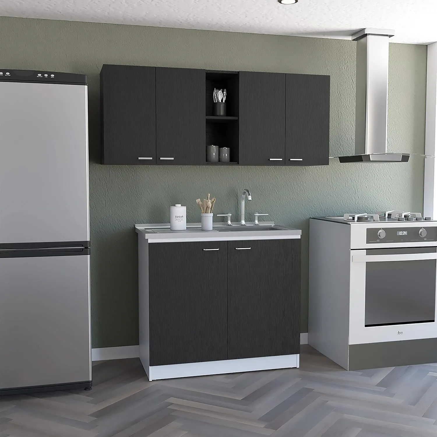2 Piece Kitchen Set for Effortless Cooking Experience, Includes Wall Cabinet and Utility Sink with Cabinet, Modern Black Finish