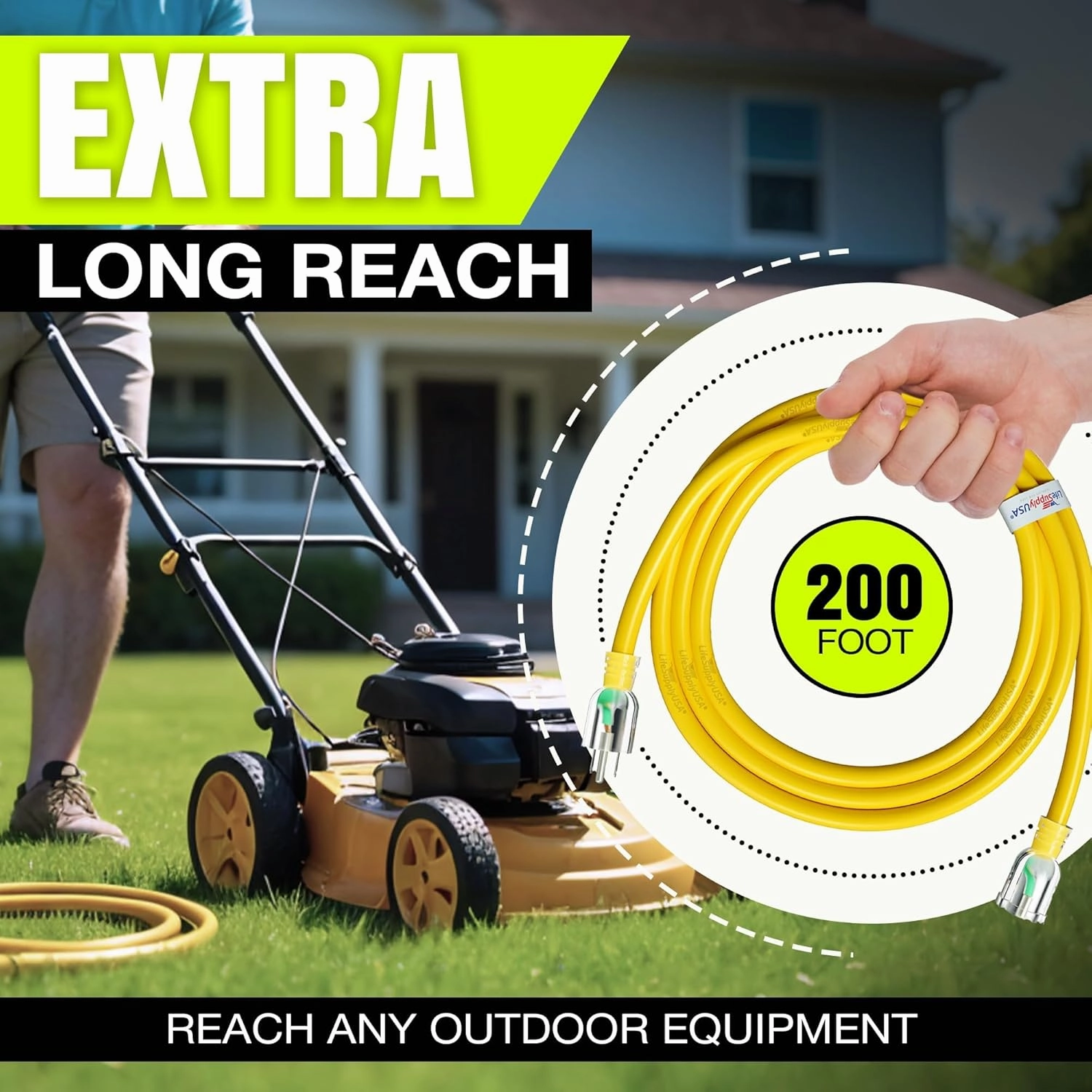 200ft Outdoor/Indoor Extension Cord 10/3 Gauge Ultra Heavy Duty 3 Prong SJTW, Waterproof, Flexible Cold-Resistant Long Power Cord,125 Amp 1250W, Yellow by LifeSupplyUSA