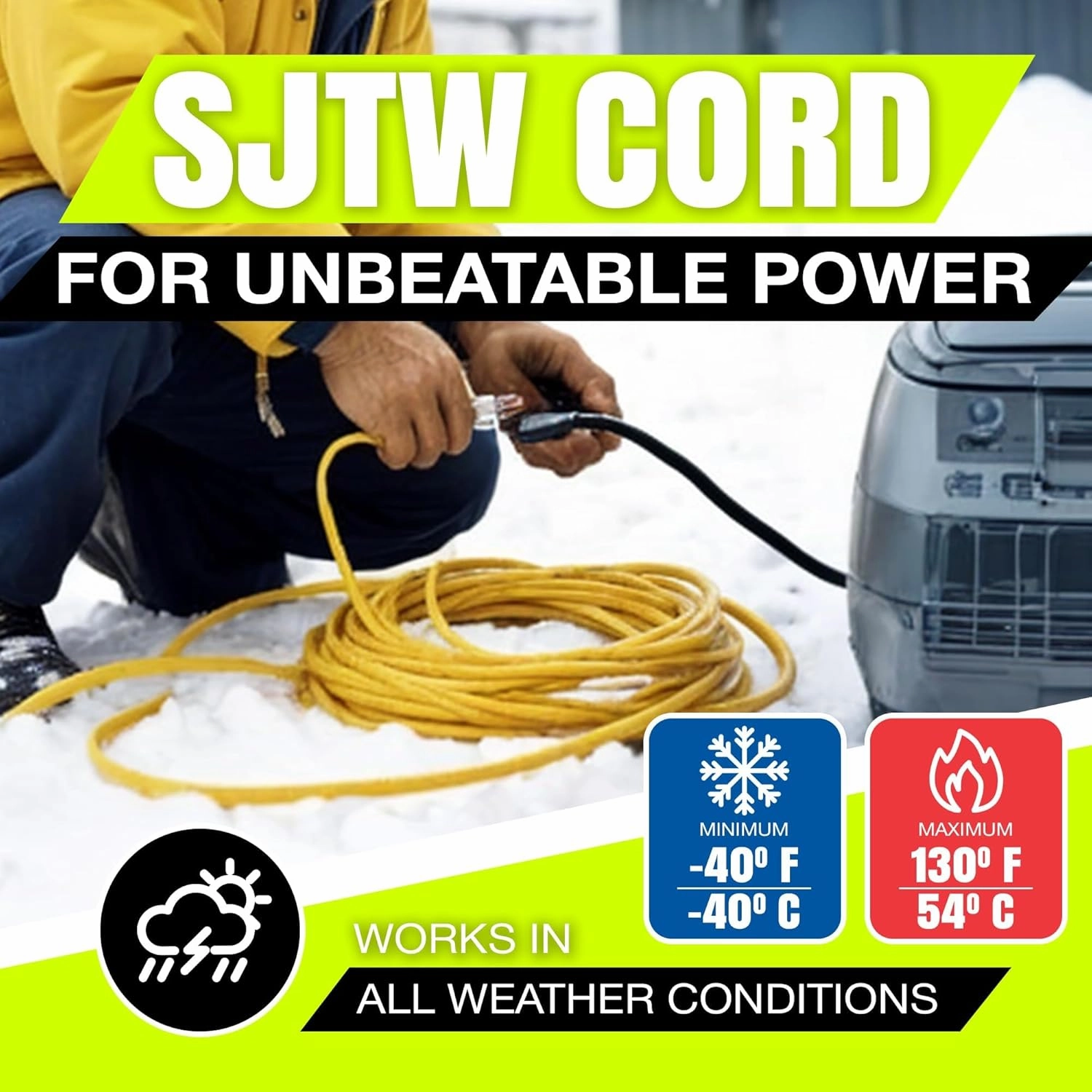 200ft Outdoor/Indoor Extension Cord 10/3 Gauge Ultra Heavy Duty 3 Prong SJTW, Waterproof, Flexible Cold-Resistant Long Power Cord,125 Amp 1250W, Yellow by LifeSupplyUSA