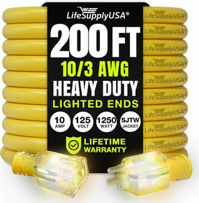 200ft Outdoor/Indoor Extension Cord 10/3 Gauge Ultra Heavy Duty 3 Prong SJTW, Waterproof, Flexible Cold-Resistant Long Power Cord,125 Amp 1250W, Yellow by LifeSupplyUSA