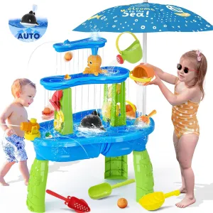 【2025 Newest】Auto Water-Absorbing Water Table for Toddlers 1-3, 3-Tier Kids Water Table with Umbrella Splash Pond, Outdoor Toys Sand and Water Tables for Age 1-2 3-5, 20PCS Water Toy Accessories