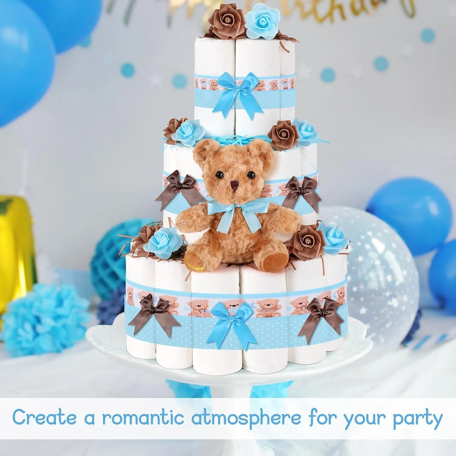 23 Pcs Diaper Cake Kit Baby Shower Bear Diaper Cake Decorations Baby Shower Diaper Cake Supplies Teddy Bear Diaper Cake Set for Birthday Party Supplies Table Centerpiece Decoration (Blue Bear, Large)