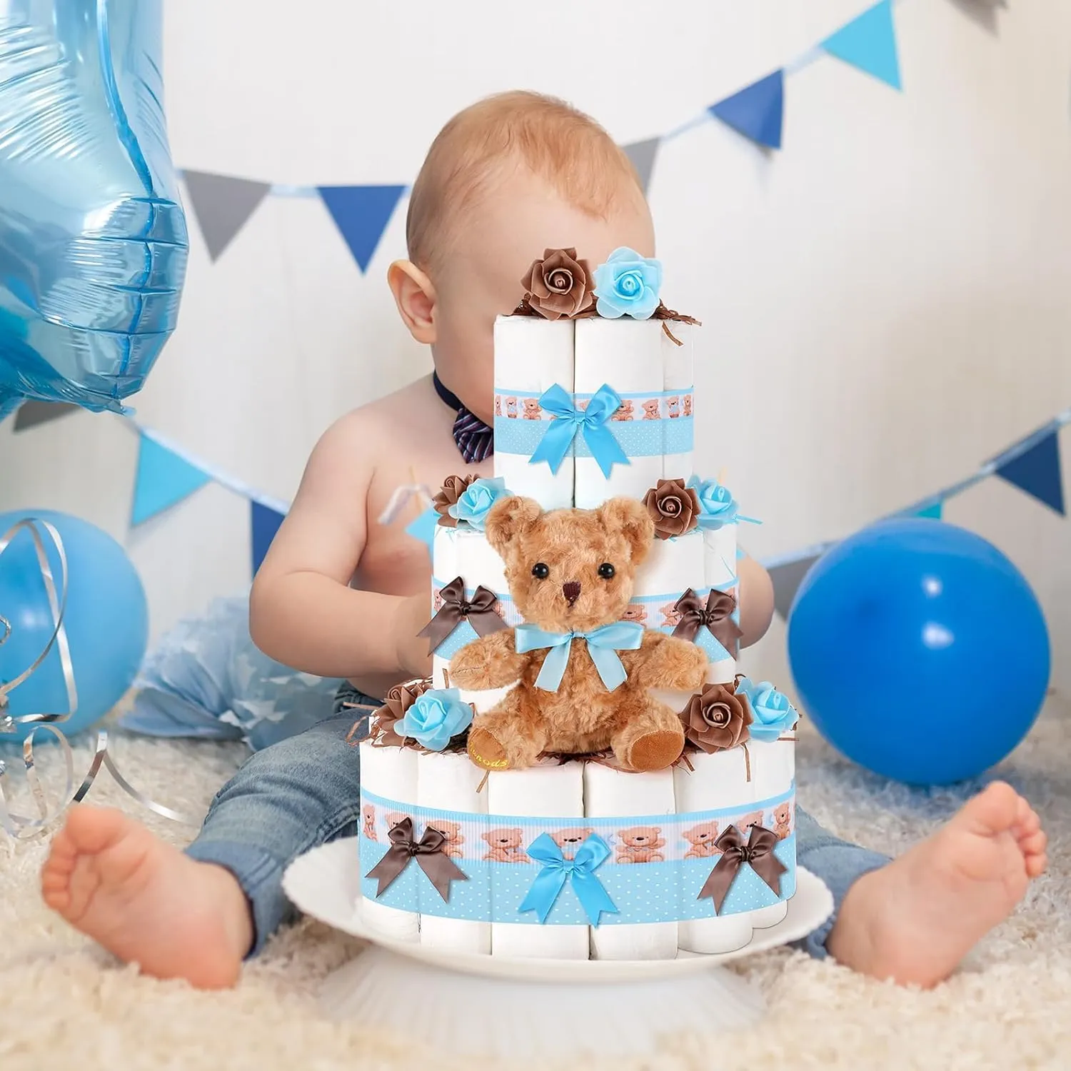 23 Pcs Diaper Cake Kit Baby Shower Bear Diaper Cake Decorations Baby Shower Diaper Cake Supplies Teddy Bear Diaper Cake Set for Birthday Party Supplies Table Centerpiece Decoration (Blue Bear, Large)