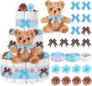 23 Pcs Diaper Cake Kit Baby Shower Bear Diaper Cake Decorations Baby Shower Diaper Cake Supplies Teddy Bear Diaper Cake Set for Birthday Party Supplies Table Centerpiece Decoration (Blue Bear, Large)