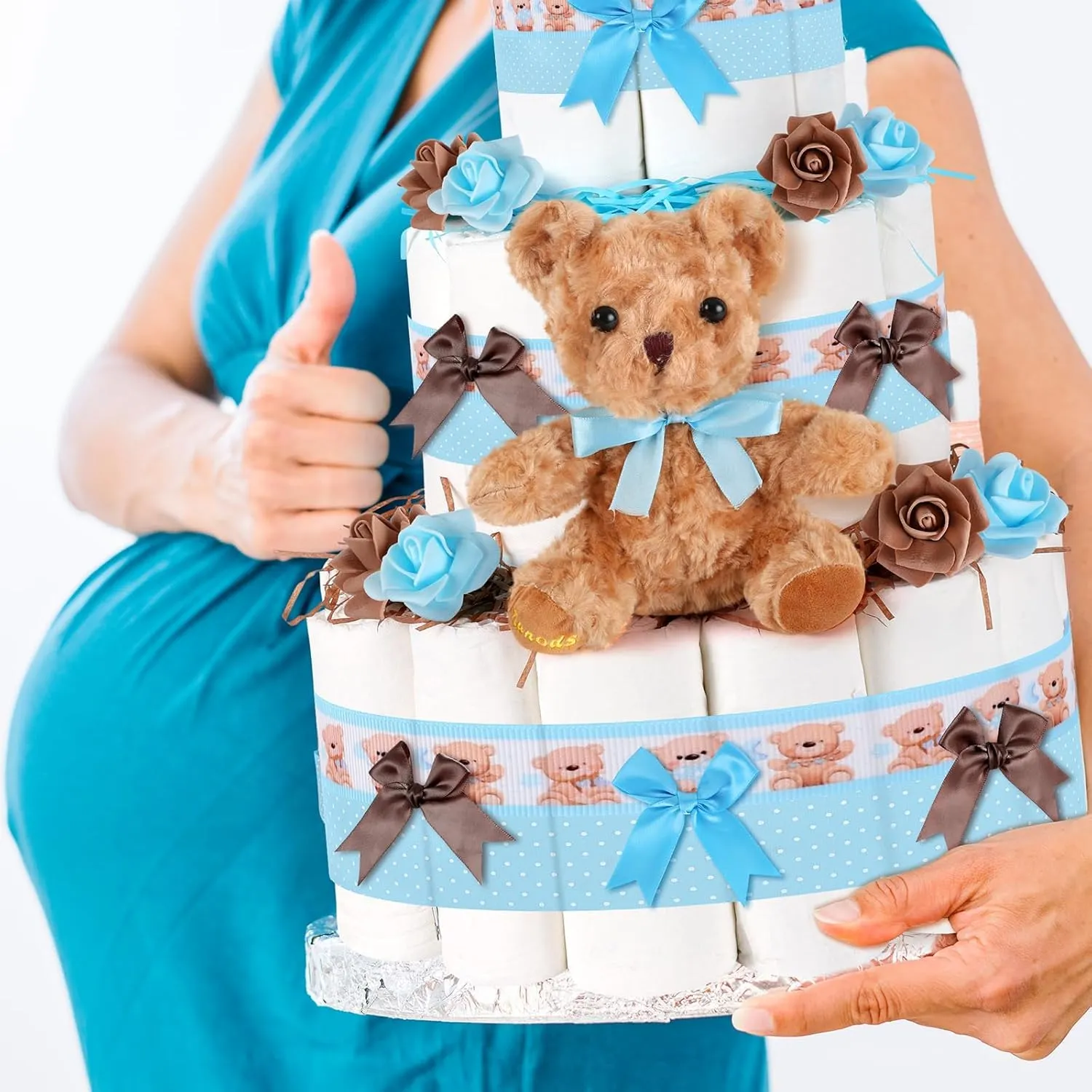 23 Pcs Diaper Cake Kit Baby Shower Bear Diaper Cake Decorations Baby Shower Diaper Cake Supplies Teddy Bear Diaper Cake Set for Birthday Party Supplies Table Centerpiece Decoration (Blue Bear, Large)