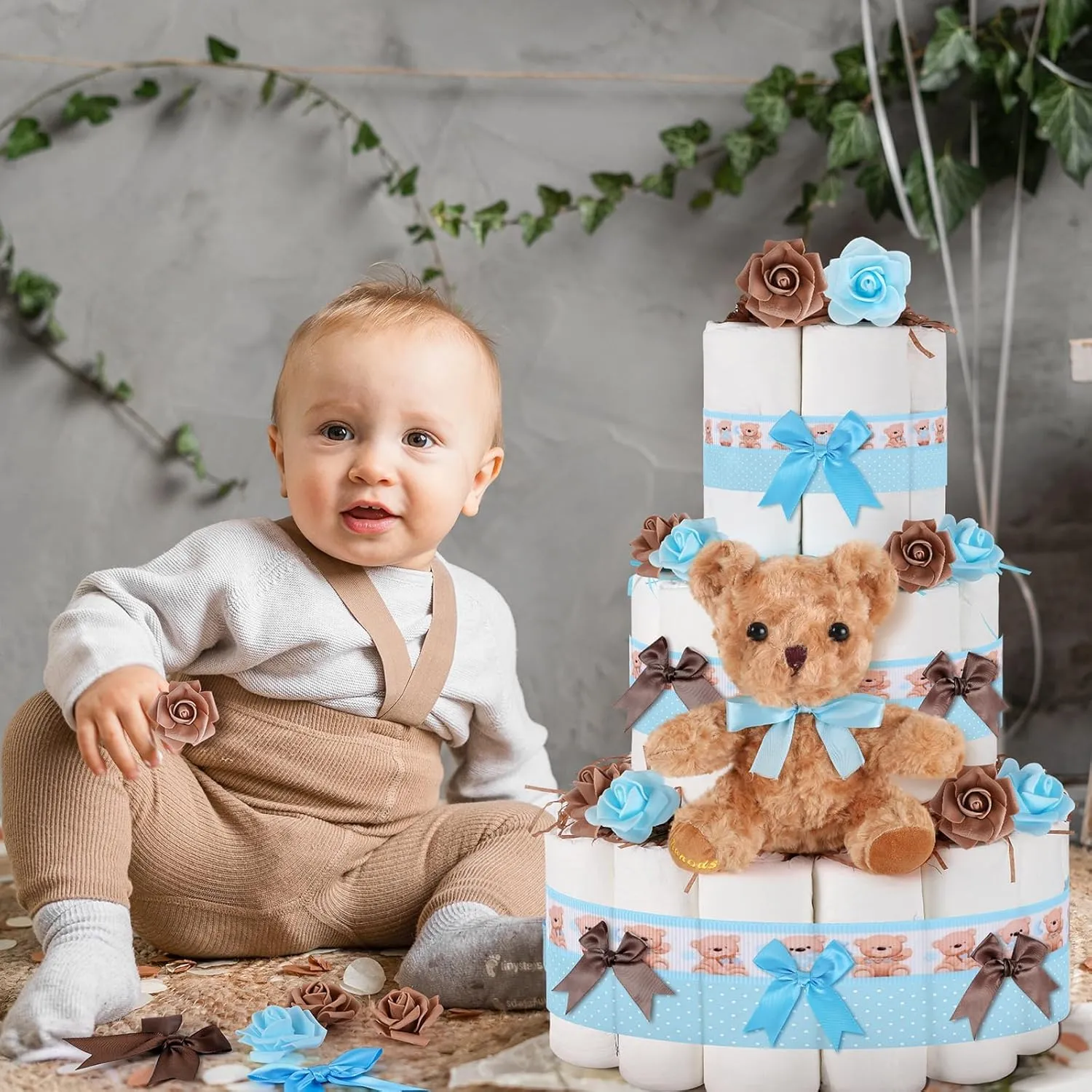 23 Pcs Diaper Cake Kit Baby Shower Bear Diaper Cake Decorations Baby Shower Diaper Cake Supplies Teddy Bear Diaper Cake Set for Birthday Party Supplies Table Centerpiece Decoration (Blue Bear, Large)