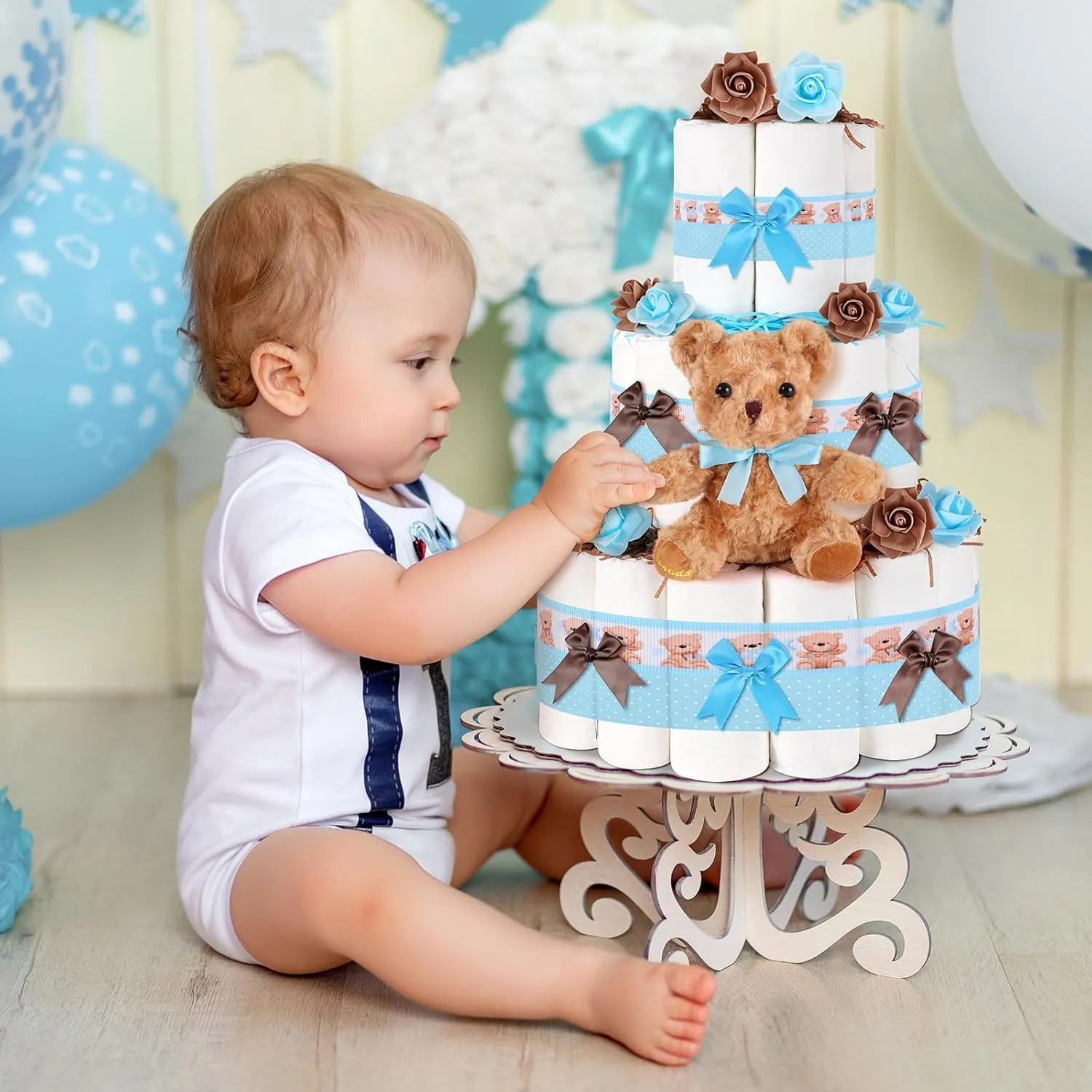 23 Pcs Diaper Cake Kit Baby Shower Bear Diaper Cake Decorations Baby Shower Diaper Cake Supplies Teddy Bear Diaper Cake Set for Birthday Party Supplies Table Centerpiece Decoration (Blue Bear, Large)