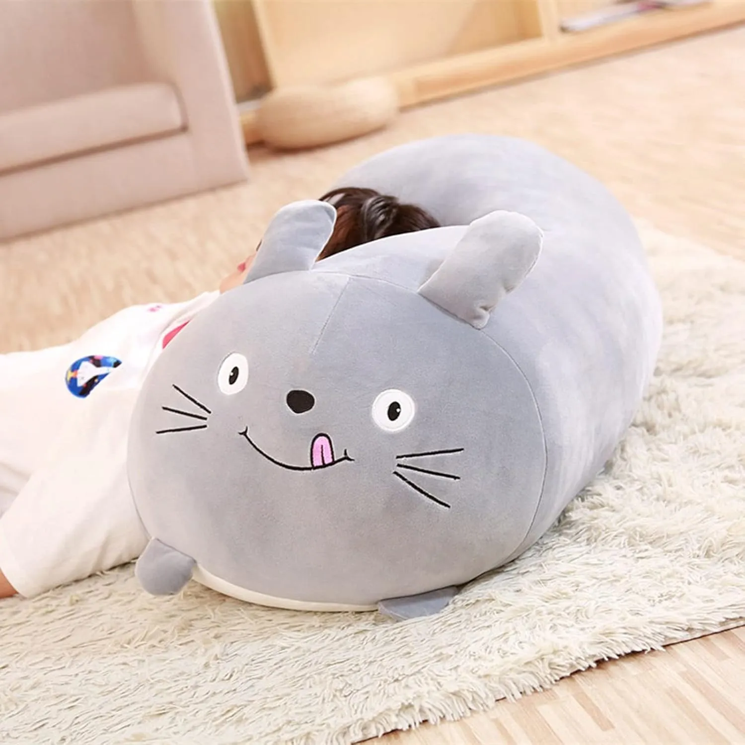 24 Inch Long Plush Grey Bunny Stuffed Animal Rabbit Hugging Pillow Cuddly Rabbit Pillow Plushies Toy Home Decor Anime Gifts for Kids and Lovers