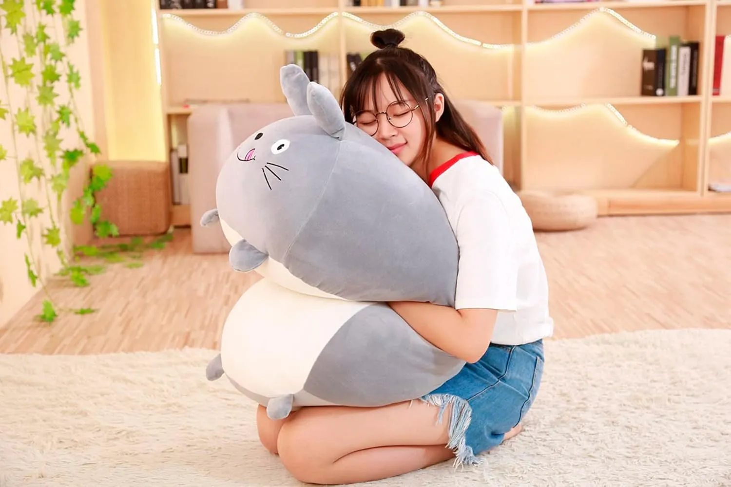 24 Inch Long Plush Grey Bunny Stuffed Animal Rabbit Hugging Pillow Cuddly Rabbit Pillow Plushies Toy Home Decor Anime Gifts for Kids and Lovers
