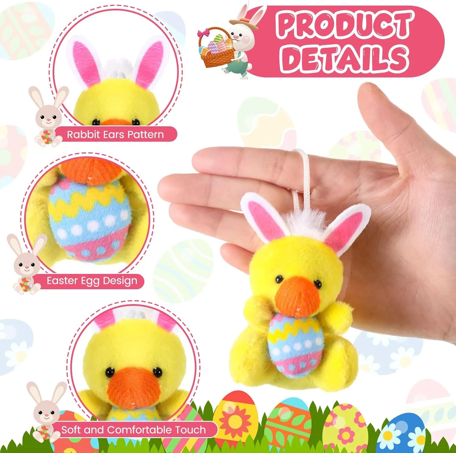 24 Pcs Easter Mini Animal Plush Toy Set Small Stuffed Animal Bulk with Easter Eggs Bunny Ear Small Plush Keychain for Party Favors Basket Stuffers Classroom Prizes