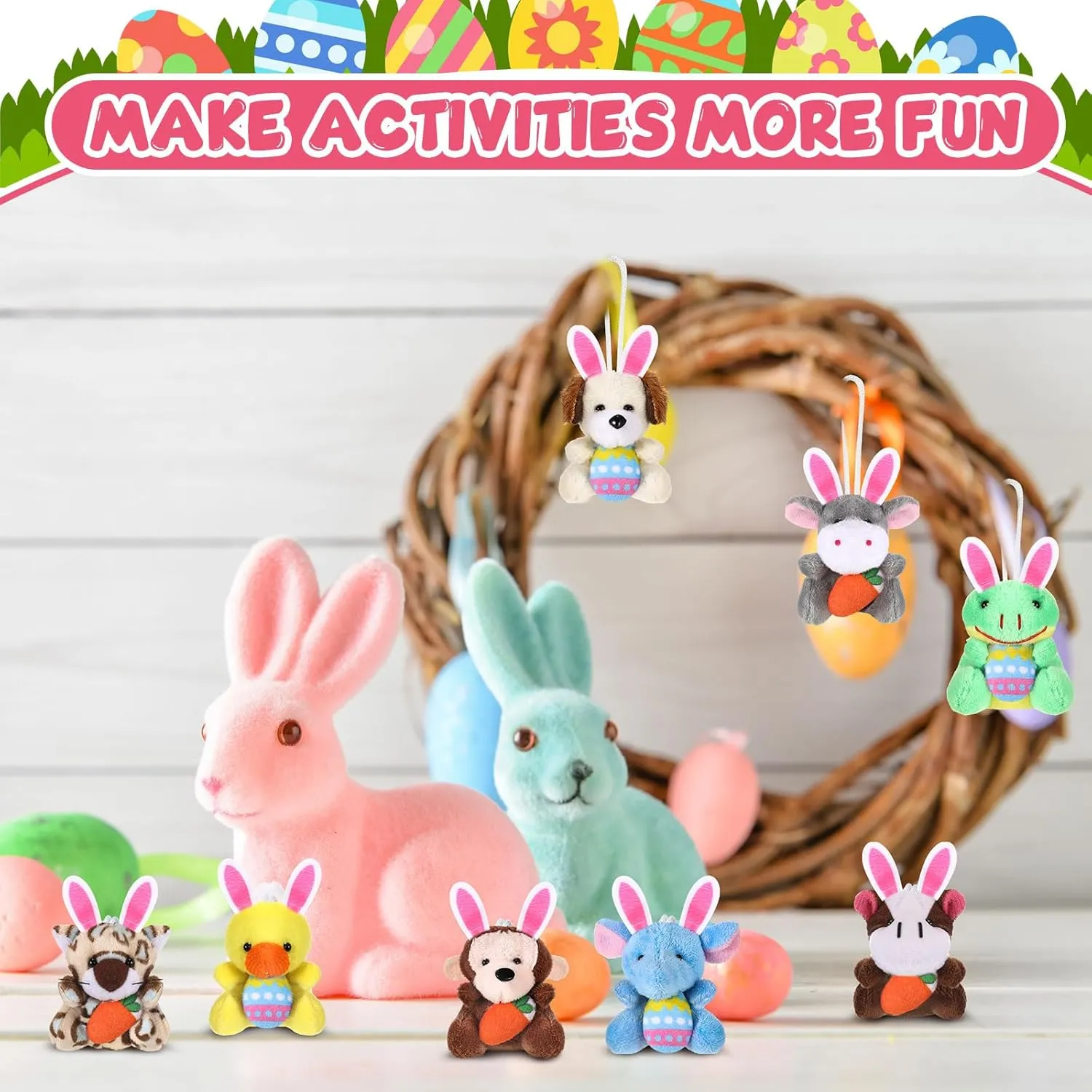 24 Pcs Easter Mini Animal Plush Toy Set Small Stuffed Animal Bulk with Easter Eggs Bunny Ear Small Plush Keychain for Party Favors Basket Stuffers Classroom Prizes