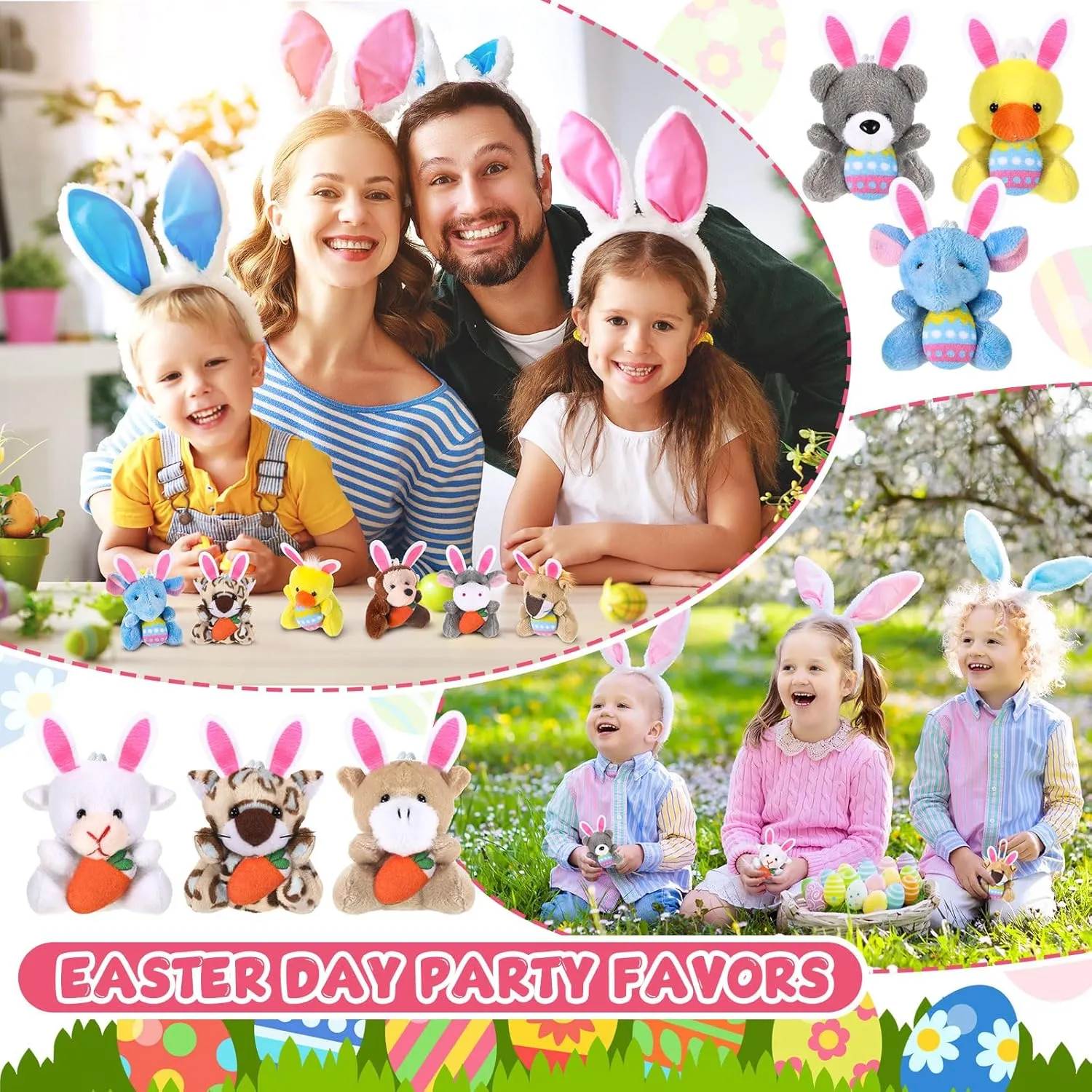 24 Pcs Easter Mini Animal Plush Toy Set Small Stuffed Animal Bulk with Easter Eggs Bunny Ear Small Plush Keychain for Party Favors Basket Stuffers Classroom Prizes