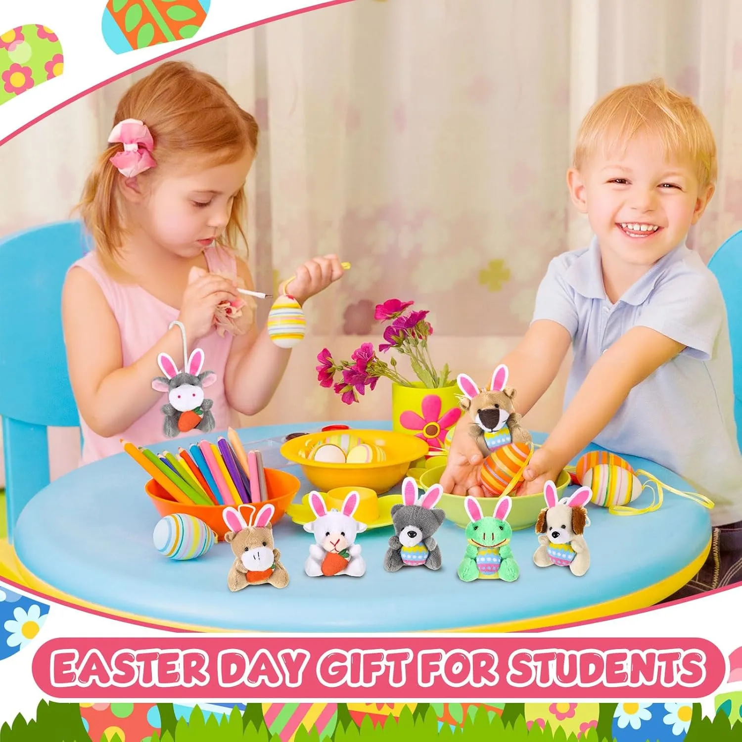24 Pcs Easter Mini Animal Plush Toy Set Small Stuffed Animal Bulk with Easter Eggs Bunny Ear Small Plush Keychain for Party Favors Basket Stuffers Classroom Prizes