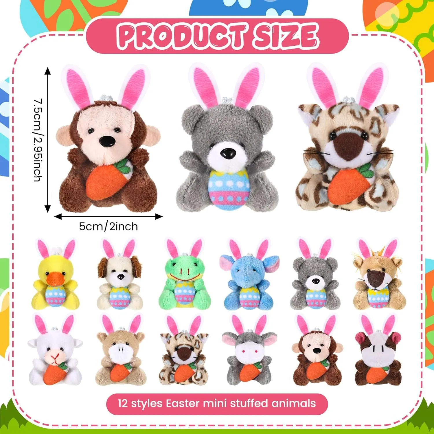 24 Pcs Easter Mini Animal Plush Toy Set Small Stuffed Animal Bulk with Easter Eggs Bunny Ear Small Plush Keychain for Party Favors Basket Stuffers Classroom Prizes