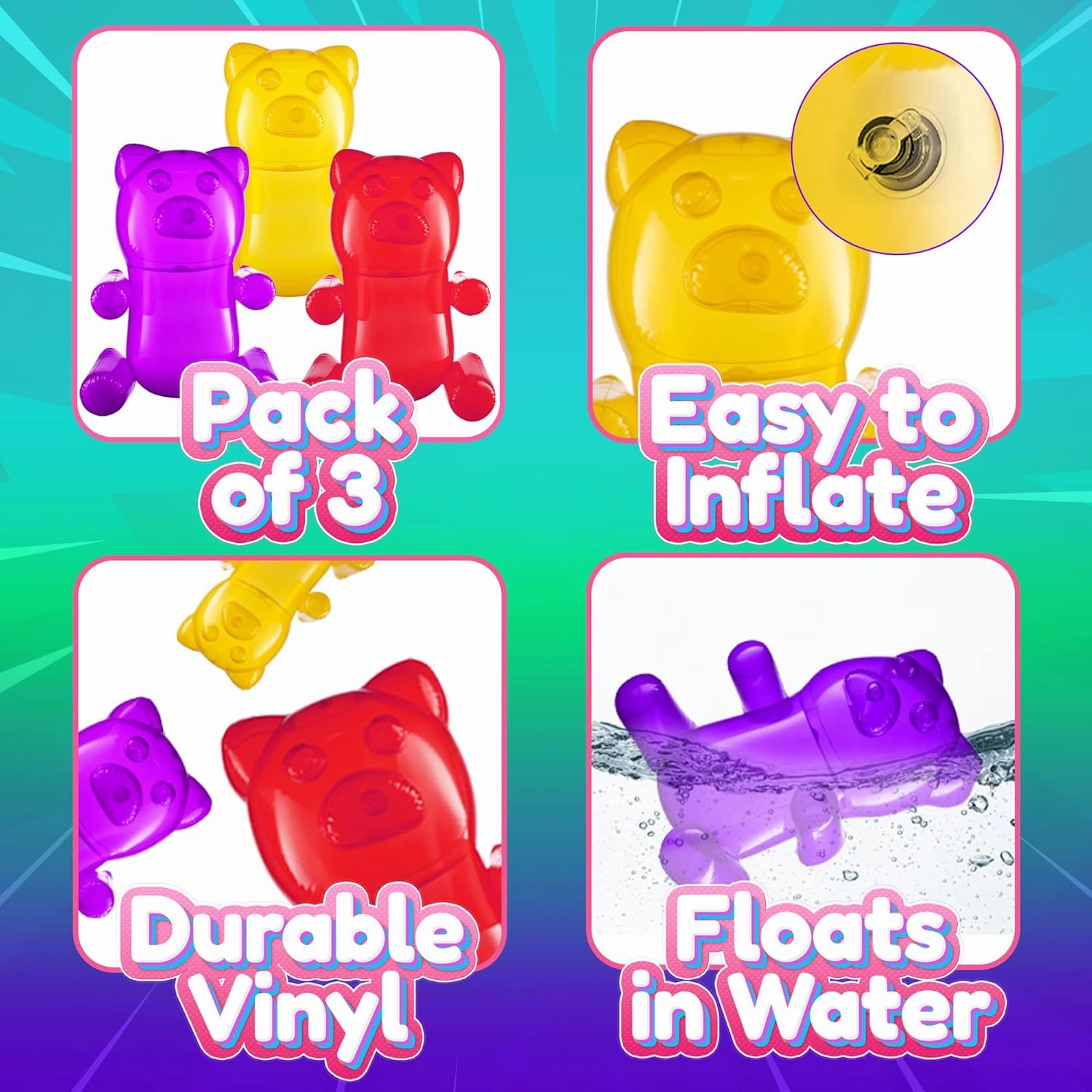 24" Inflatable Gummy Bears (Pack of 3) Big Huge Blow Up Gummy Bear Pool Toy Decorations, Birthday Party Supplies and Themed Candy Land Party Favors for Kids