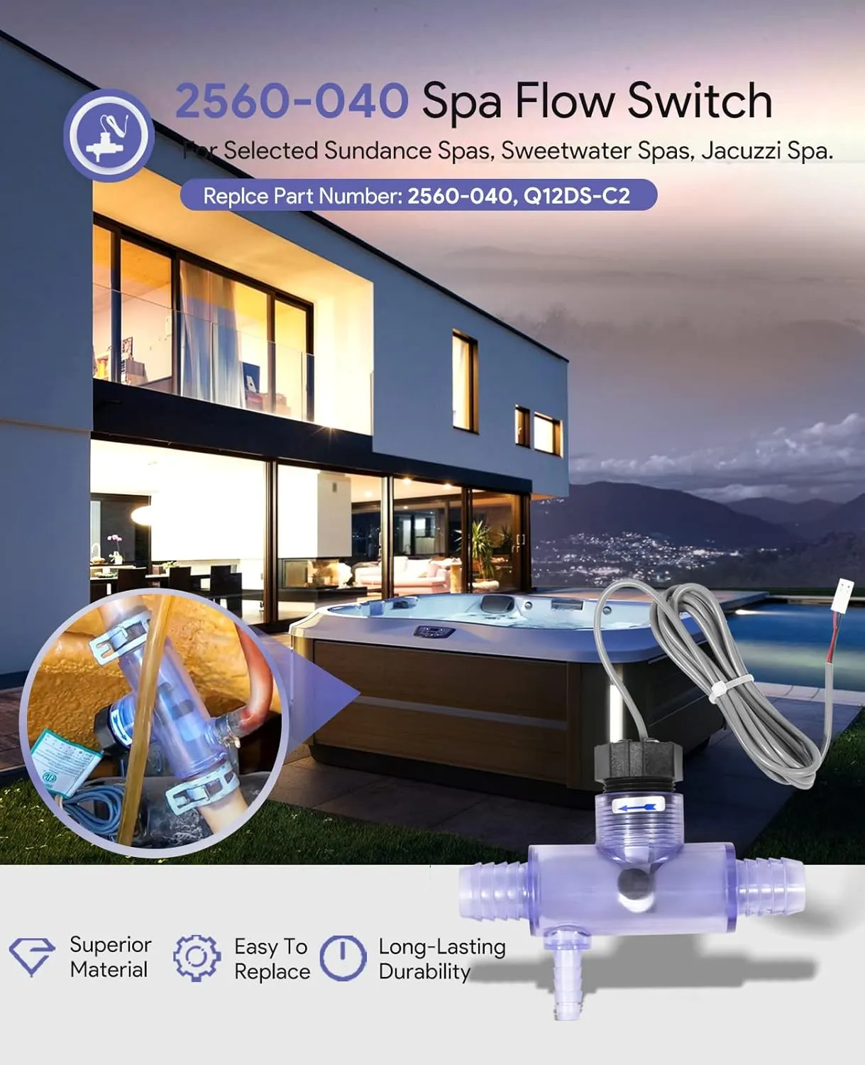 2560-040 Flow Switch for Sundance Spas, Jacuzzi Hot Tub and Sweetwater Spas, Q-12DS-C2 Replacement Part