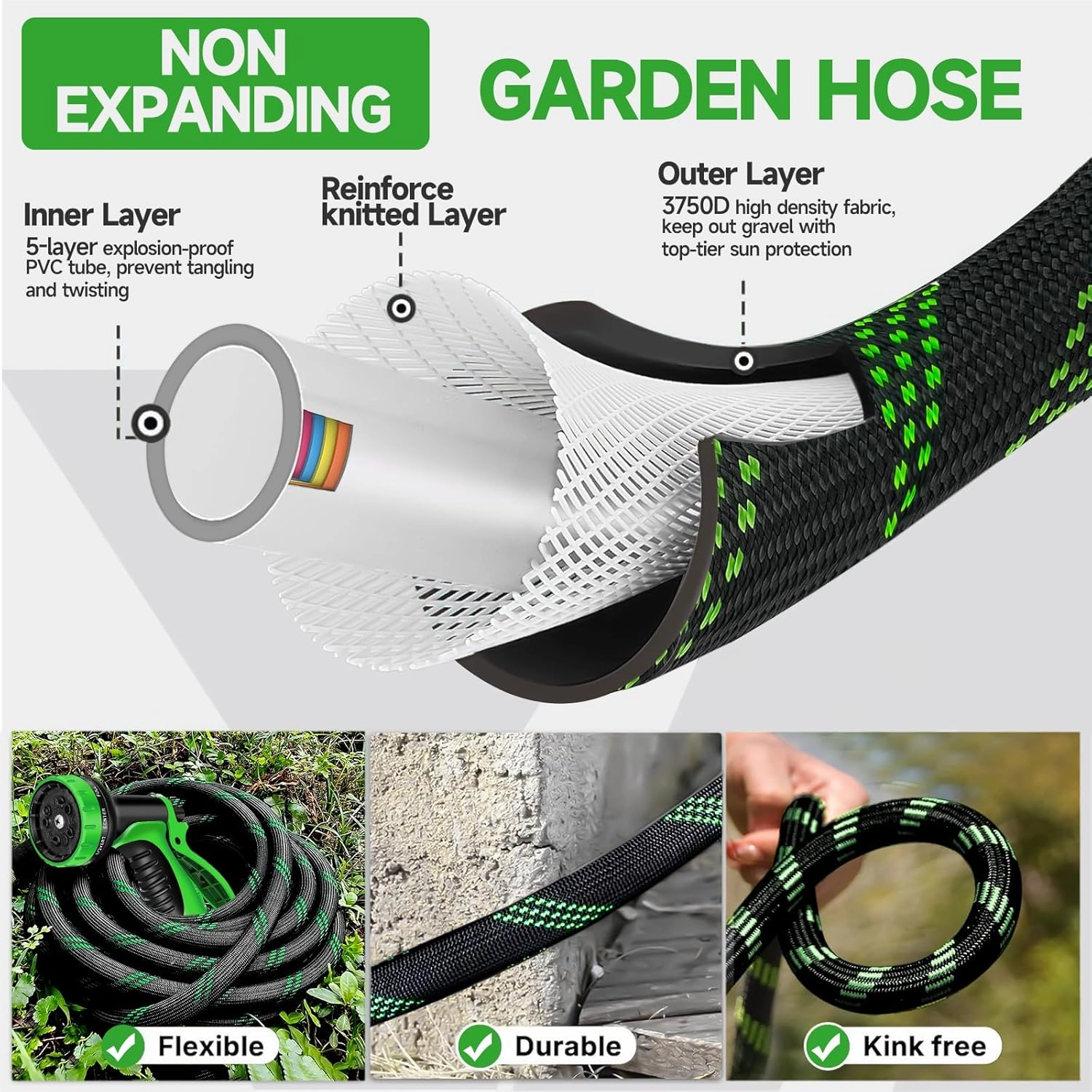 25ft Non-Expandable Garden Hose with 10 Function Nozzles, Flexible, Lightweight, Kink-Free, Leak-Proof, Sturdy Water Hose with Strong Brass Connector for Yard, Lawn, Outdoor, Marine and Camper