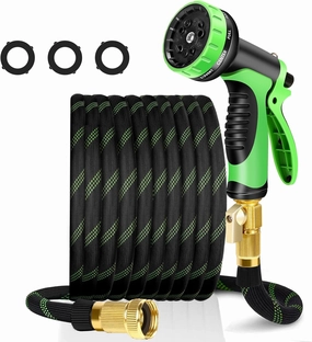 25ft Non-Expandable Garden Hose with 10 Function Nozzles, Flexible, Lightweight, Kink-Free, Leak-Proof, Sturdy Water Hose with Strong Brass Connector for Yard, Lawn, Outdoor, Marine and Camper