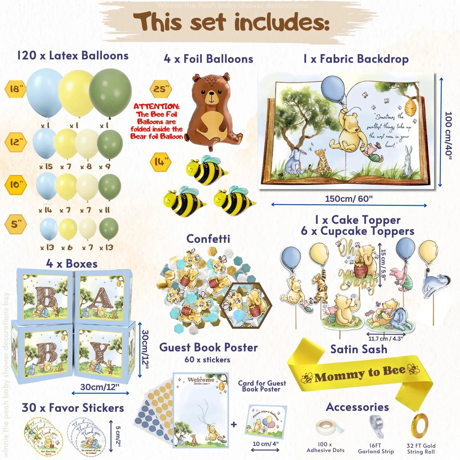 269 Pieces Winnie the Pooh Baby Shower Decorations Kit, All-in-1 Whimsical Party Pack With Balloon Arch, Guestbook Poster, Baby Boxes with Letters for Teddy Bear Shower - Yellow, Blue, Brown