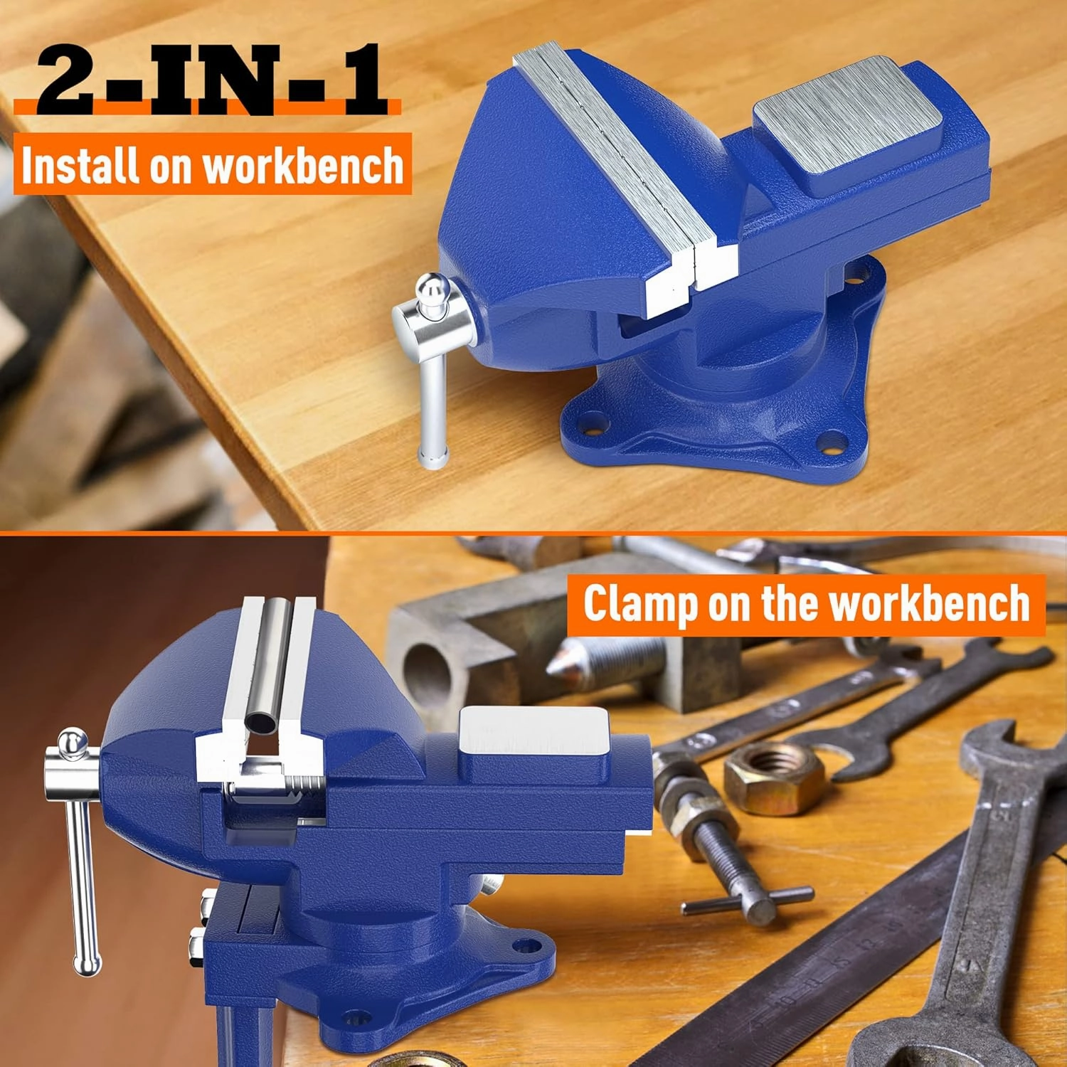 2-in-1 Bench Vise For Workbench 3.2"- Multi-functional Portable 360° Swivel Base Bench Clamp On Vice/Table Vise For Woodworking, Cutting Conduit, Drilling, Metalworking, Blue