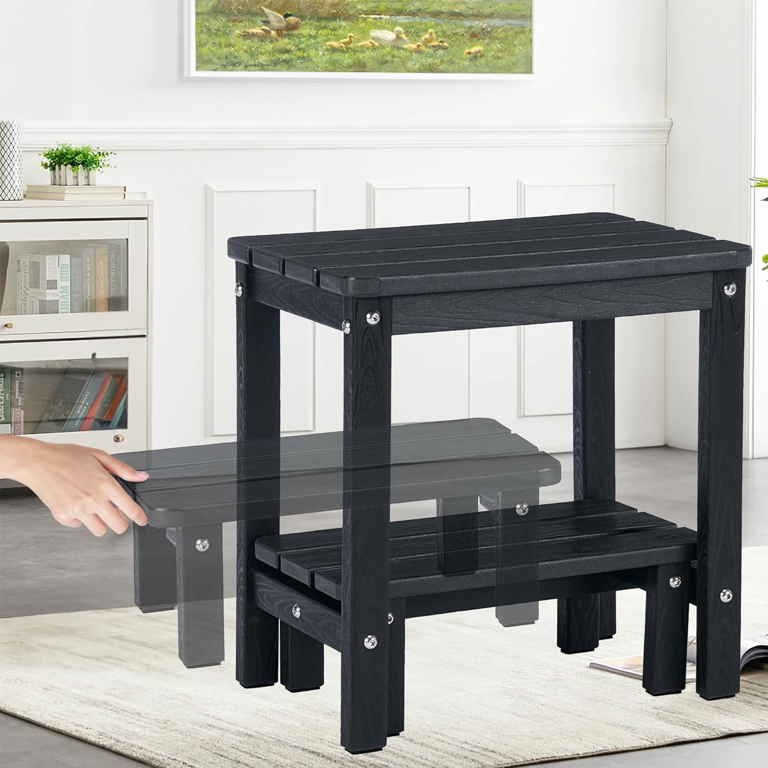2-in-1 Outdoor Side Table with Removable Small Foot Stool, HDPS Small Outdoor Table for Patio, Porch, Deck, Pool Plant Stand Black