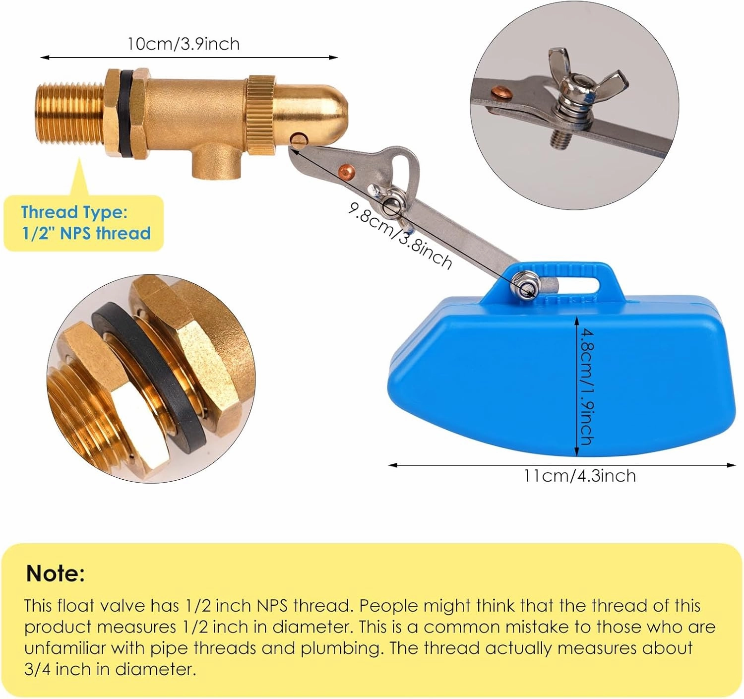 2 Pack Brass Float Valve 1/2 Inch, Livestock Water Tank Float Valve Switch Brass Float Ball Valve Shut Off Pool Auto Fill Valve for Automatic Waterer
