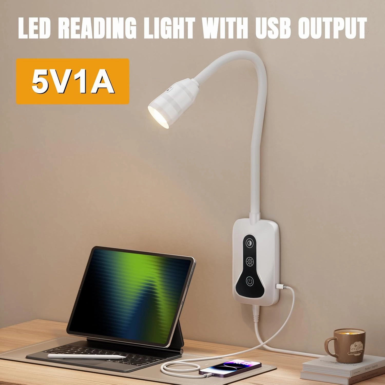 2 Pack Wall Mounted Headboard Reading Light, LED Dimmable Touch Control, Flexible Gooseneck, Ideal for Bedside, Office, or Reading（White）