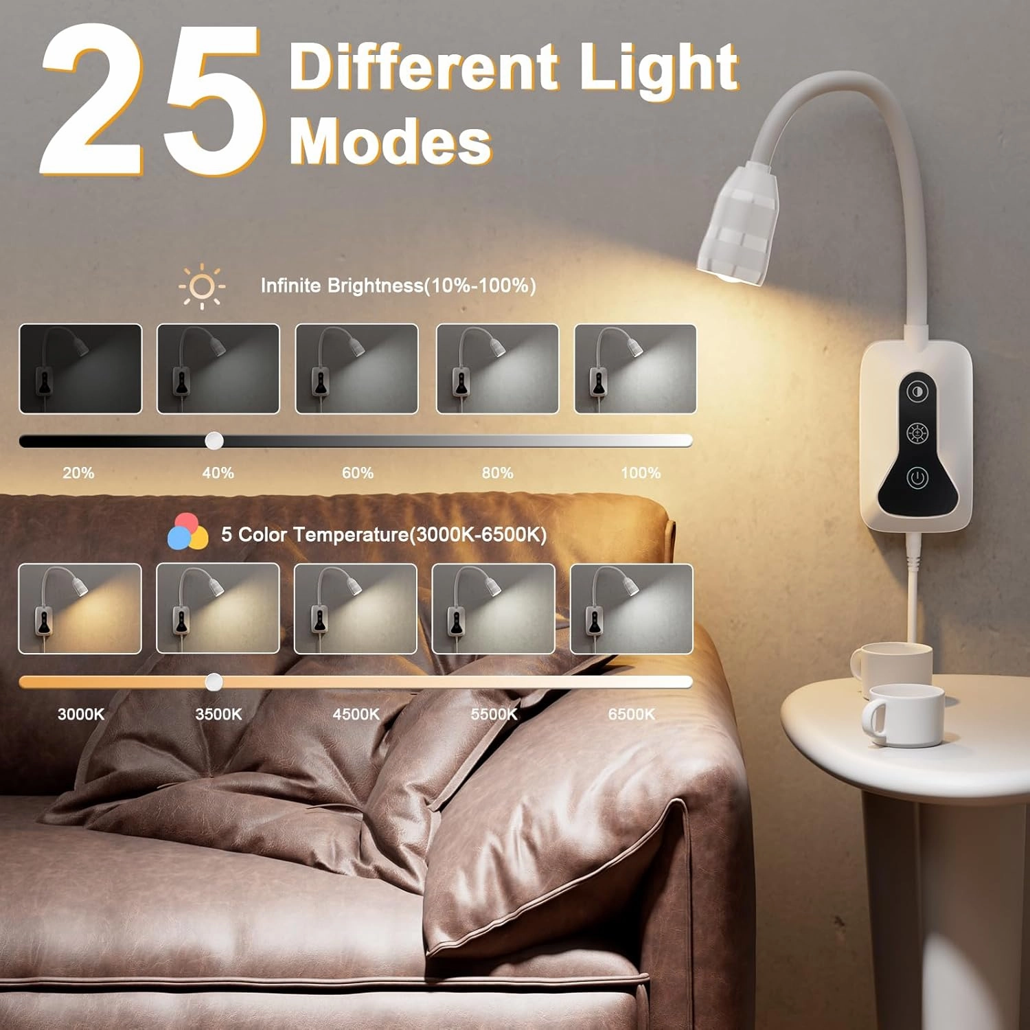 2 Pack Wall Mounted Headboard Reading Light, LED Dimmable Touch Control, Flexible Gooseneck, Ideal for Bedside, Office, or Reading（White）