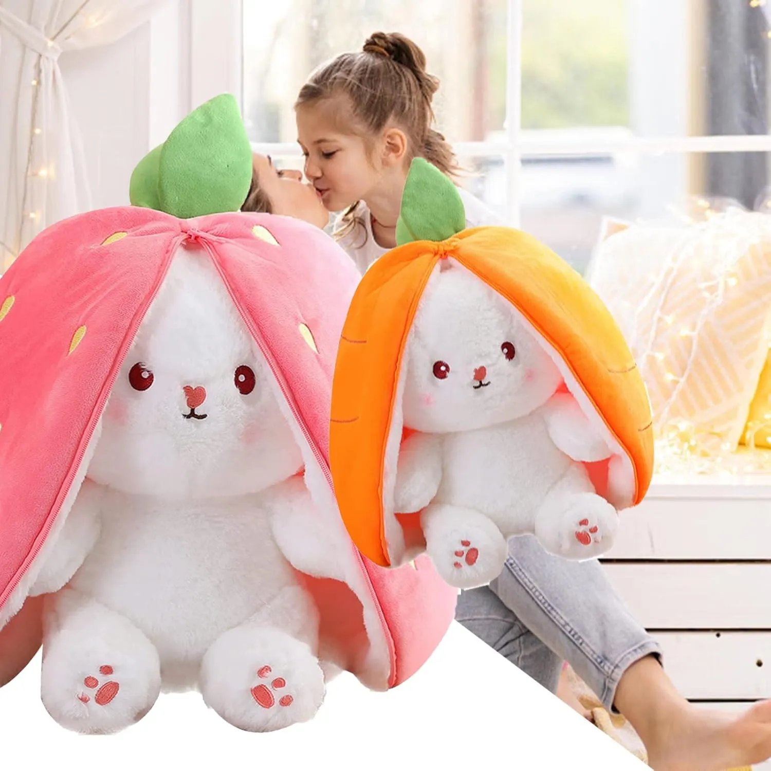 2PCS Plush Toy Pillows: Reversible Carrot Strawberry Bunny with Zipper, Easter Stuffed Animal Rabbit Plushie - Cute Birthday Gift for Kids (13.8" Set)