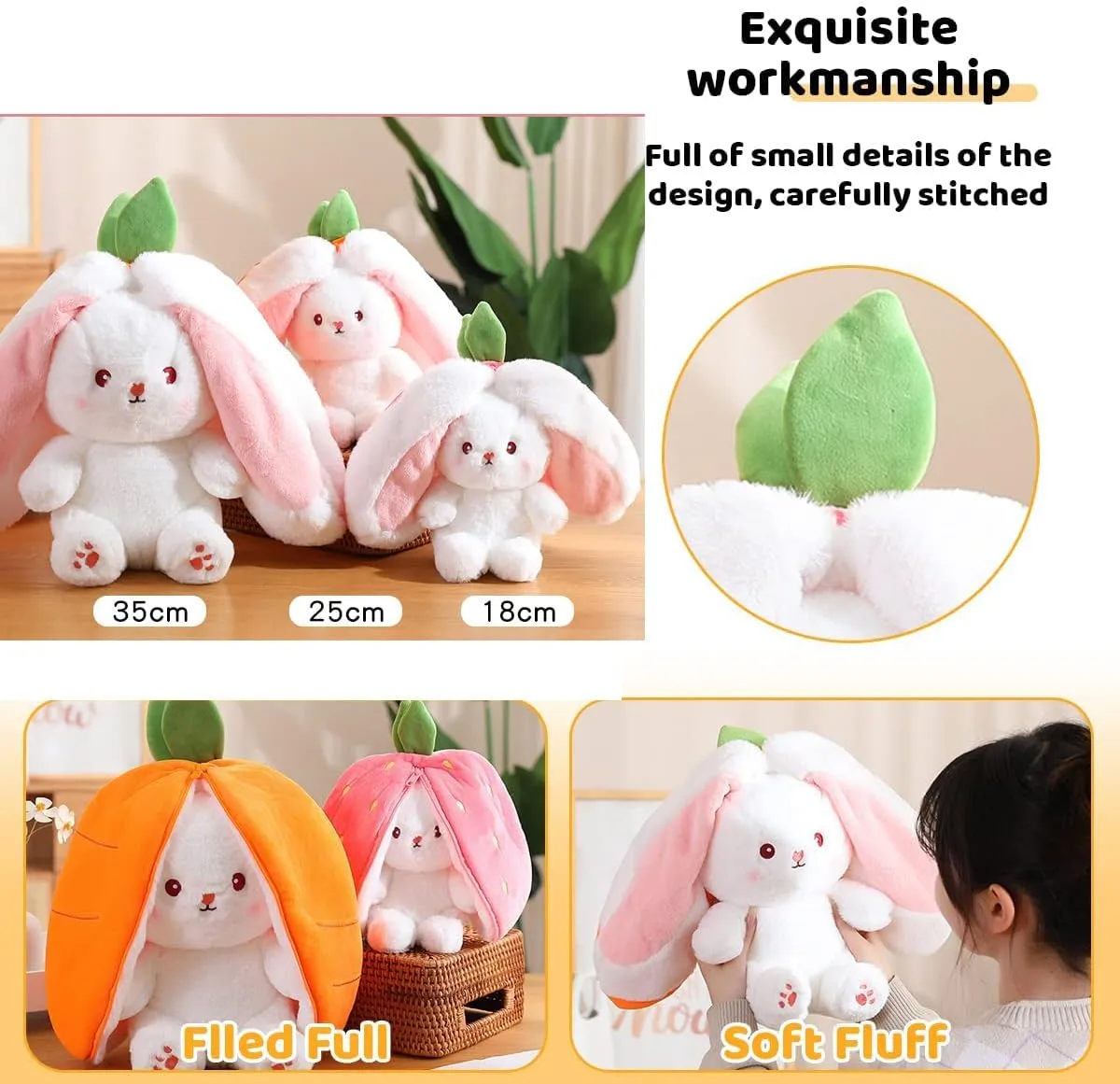 2PCS Plush Toy Pillows: Reversible Carrot Strawberry Bunny with Zipper, Easter Stuffed Animal Rabbit Plushie - Cute Birthday Gift for Kids (13.8" Set)