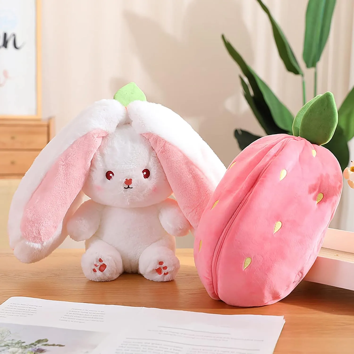 2PCS Reversible Carrot Strawberry Bunny Plush with Zipper, Easter Bunny Stuffed Animal Toy, Cute Rabbit Plushie Birthday Gift for Boys Girls Kids (1pcs 13.8" Strawberry)