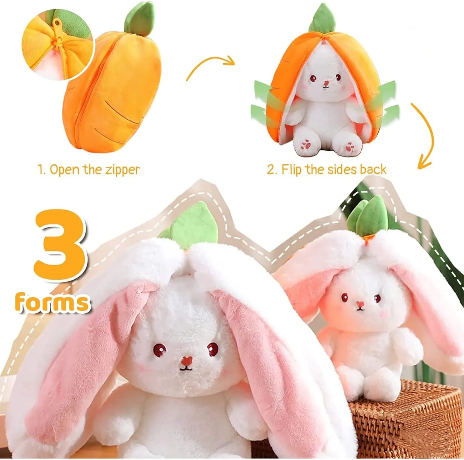 2PCS Reversible Carrot Strawberry Bunny Plush with Zipper, Easter Bunny Stuffed Animal Toy, Cute Rabbit Plushie Birthday Gift for Boys Girls Kids (1pcs 13.8" Strawberry)