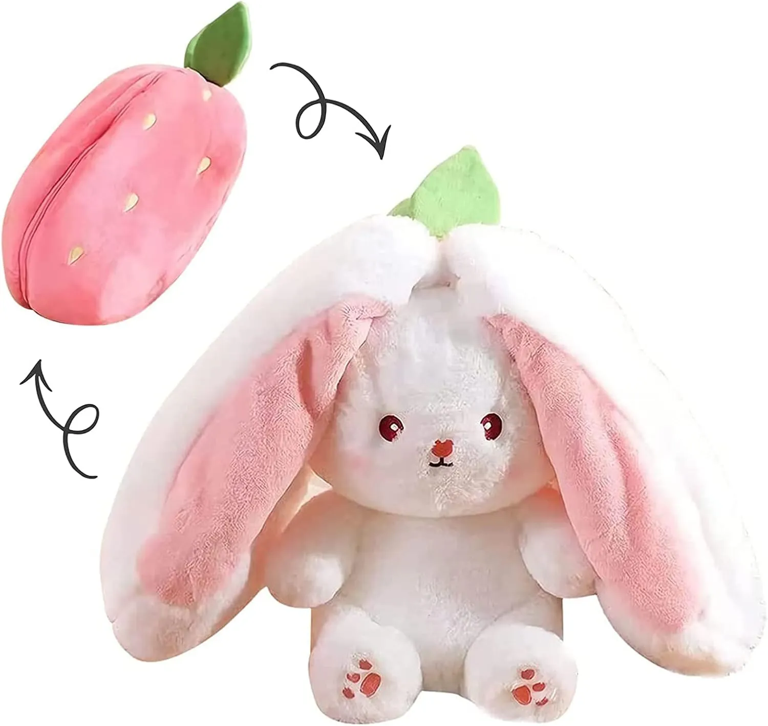 2PCS Reversible Carrot Strawberry Bunny Plush with Zipper, Easter Bunny Stuffed Animal Toy, Cute Rabbit Plushie Birthday Gift for Boys Girls Kids (1pcs 13.8" Strawberry)
