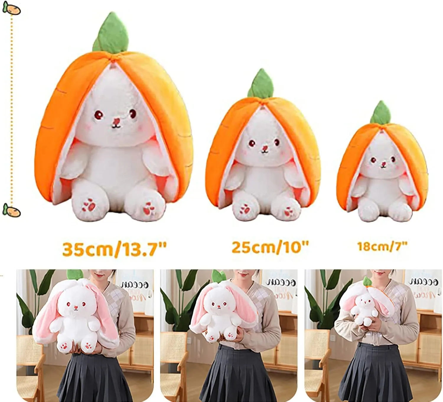 2PCS Reversible Carrot Strawberry Bunny Plush with Zipper, Easter Bunny Stuffed Animal Toy, Cute Rabbit Plushie Birthday Gift for Boys Girls Kids (1pcs 13.8" Strawberry)