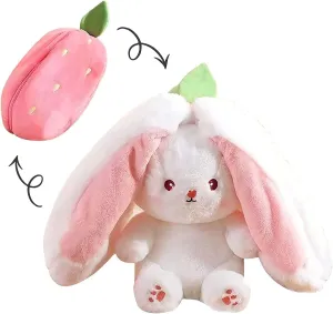 2PCS Reversible Carrot Strawberry Bunny Plush with Zipper, Easter Bunny Stuffed Animal Toy, Cute Rabbit Plushie Birthday Gift for Boys Girls Kids (1pcs 13.8" Strawberry)