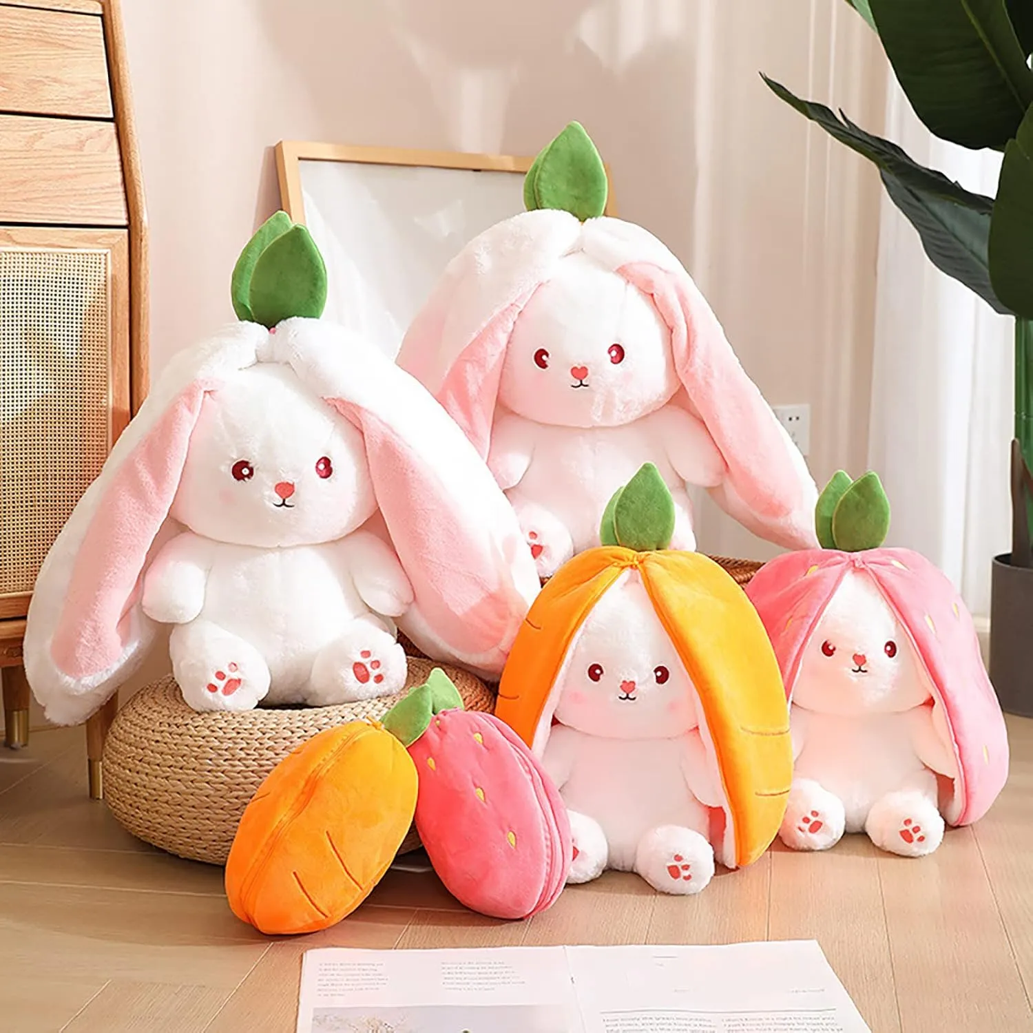 2PCS Reversible Carrot Strawberry Bunny Plush with Zipper, Easter Bunny Stuffed Animal Toy, Cute Rabbit Plushie Birthday Gift for Boys Girls Kids (1pcs 13.8" Strawberry)