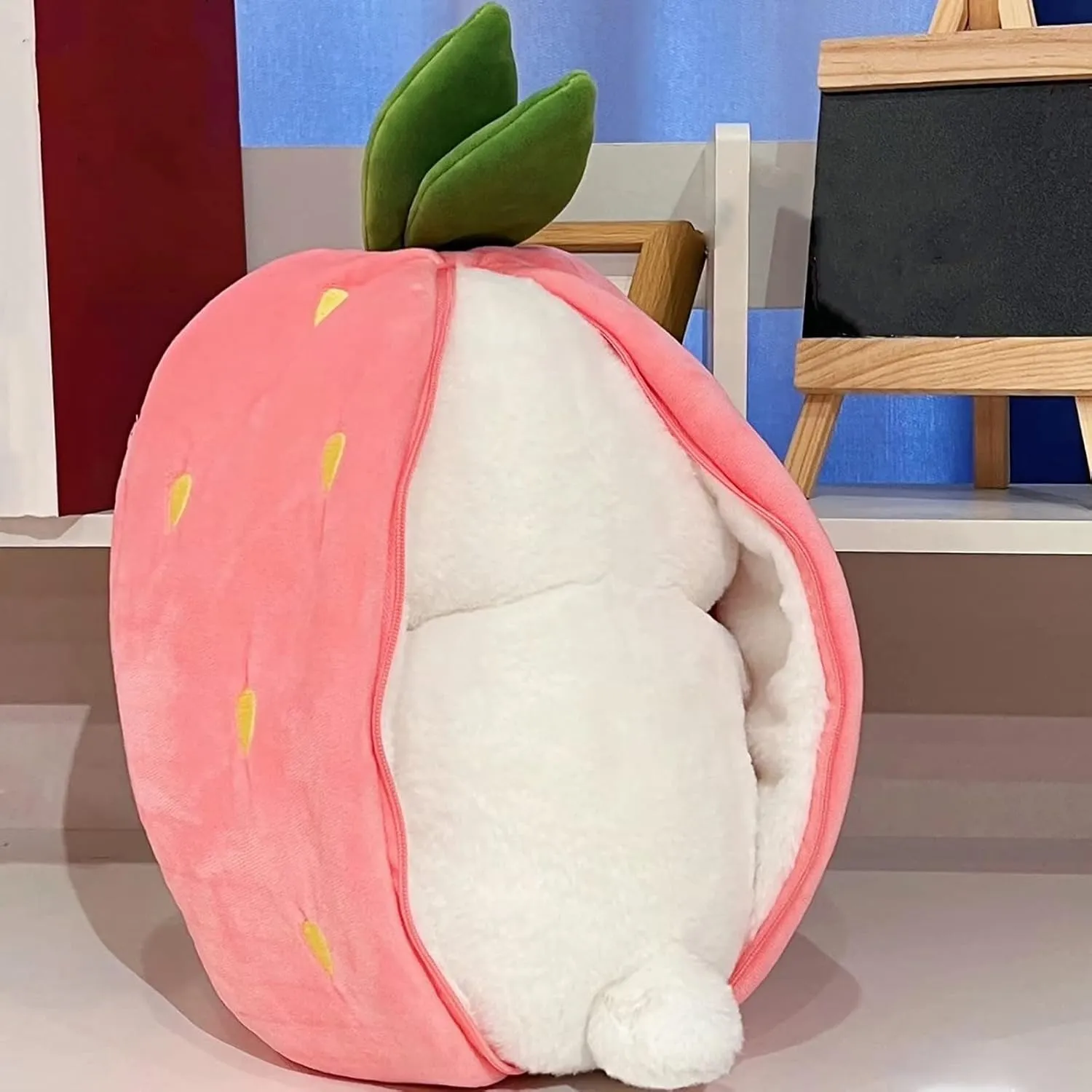 2PCS Reversible Carrot Strawberry Bunny Plush with Zipper, Easter Bunny Stuffed Animal Toy, Cute Rabbit Plushie Birthday Gift for Boys Girls Kids (1pcs 13.8" Strawberry)