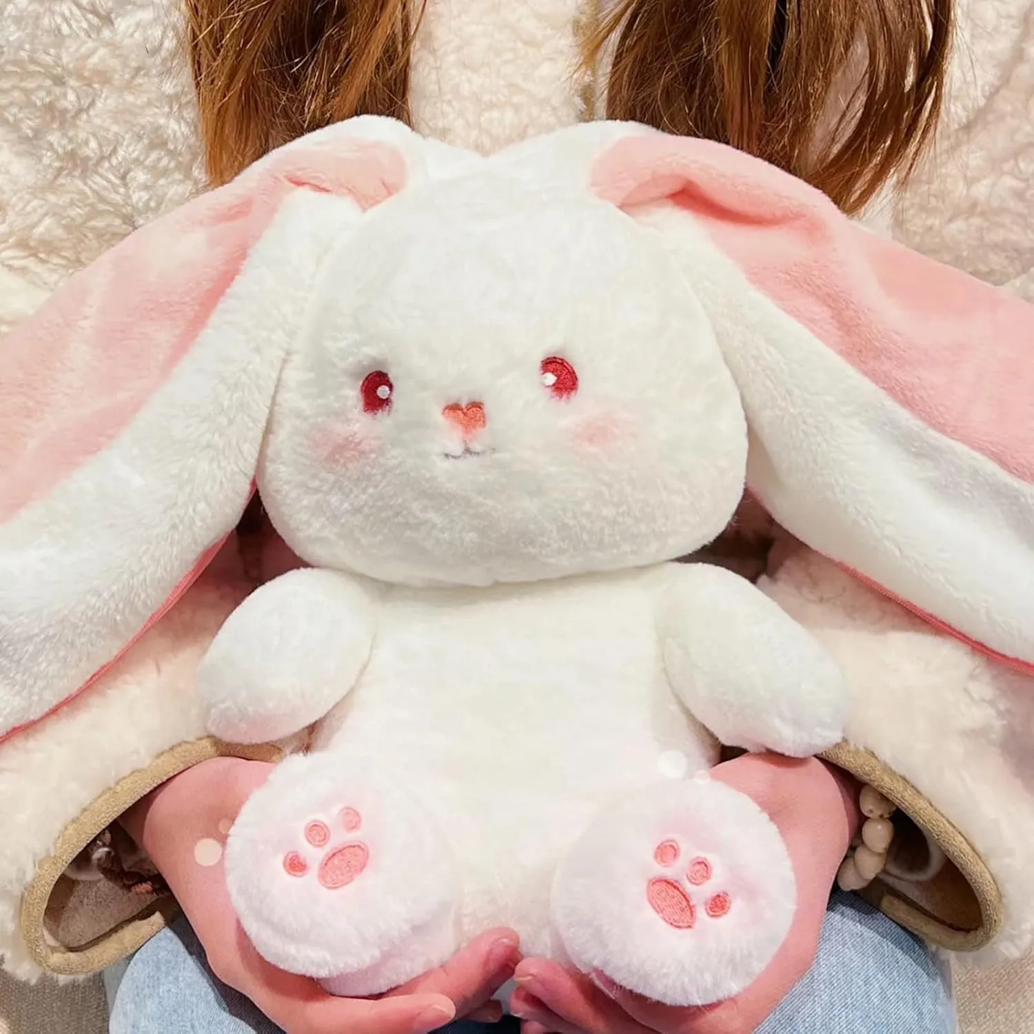 2PCS Reversible Carrot Strawberry Bunny Plush with Zipper, Easter Bunny Stuffed Animal Toy, Cute Rabbit Plushie Birthday Gift for Boys Girls Kids (1pcs 13.8" Strawberry)