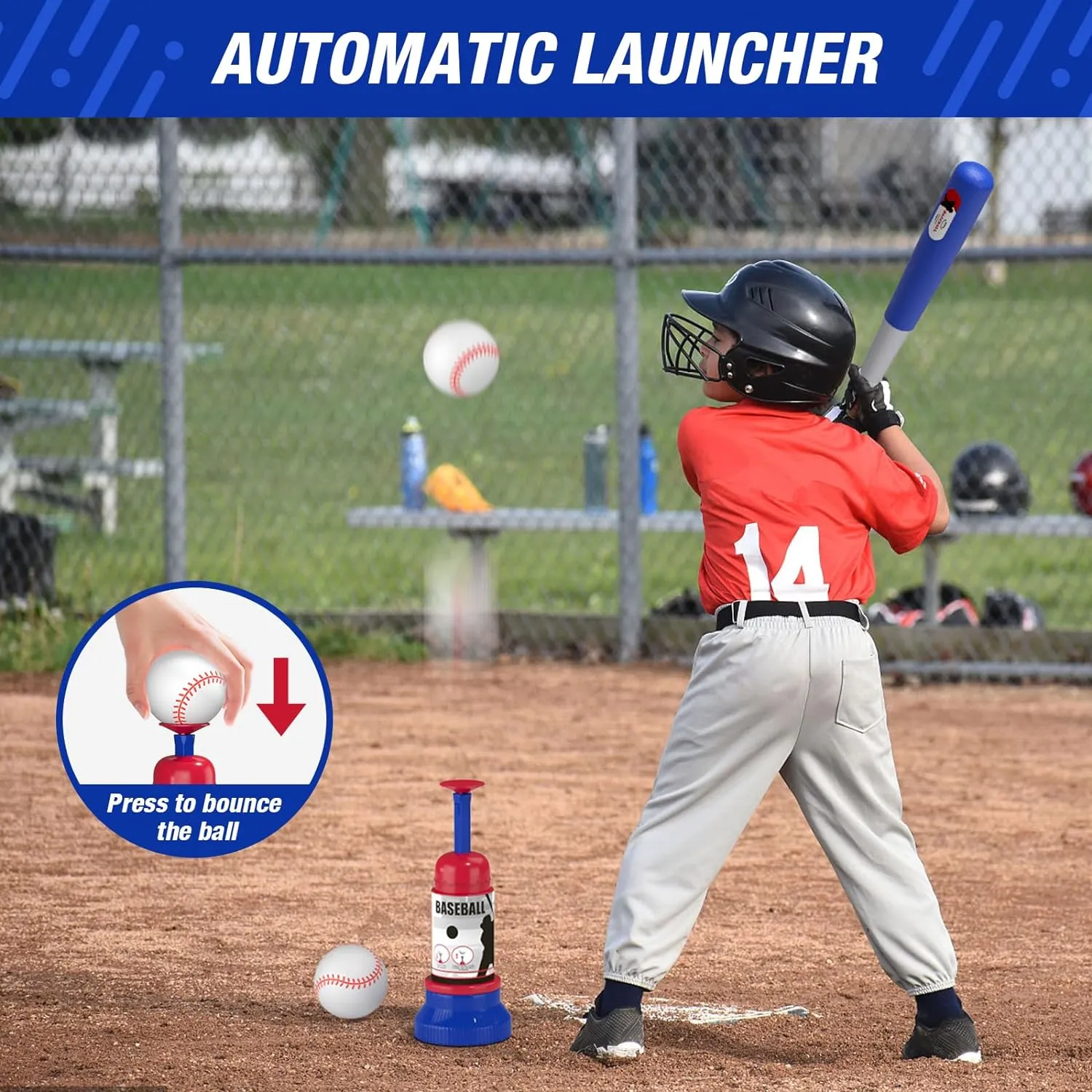 3-in-1 Baseball Set for Kids 3-5 - Tee Ball Stand, Hanging Tee, Ball Launcher and 6 Softballs - Adjustable Height, Indoor/Outdoor Sport Gifts for Boys, Blue