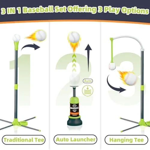 3-in-1 T Ball Set for Kids, Adjustable Height Hanging Baseball Batting Tee Set with 2 Bats, Teeball Hitting Stand, Ball Launcher for Toddlers, Sport Toys Outdoor/Indoor for Boys Girls