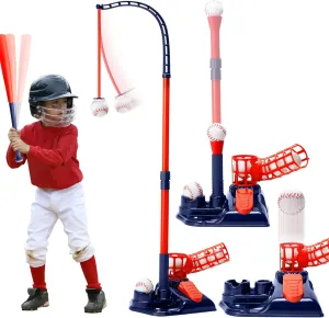 3-in-1 Tee Ball Set for Kids, Height Adjustable Baseball Set with Auto Pitching Machine/T Ball Stand/Hanging Tee/Retractable Bat/6 Softballs, Indoor Outdoor Sports Toys for Boys Girls 3-5 5-8, Blue