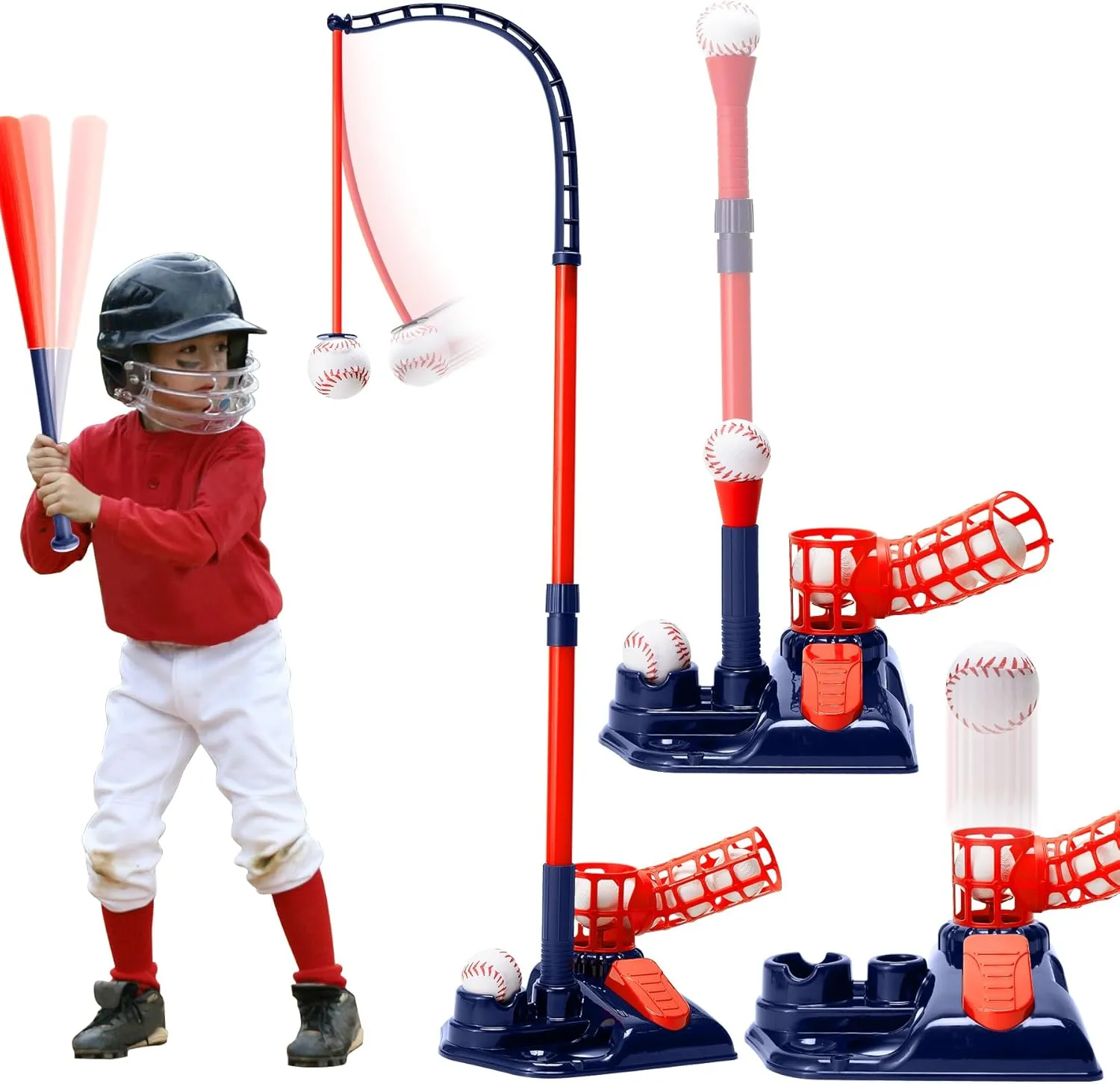 3-in-1 Tee Ball Set for Kids, Height Adjustable Baseball Set with Auto Pitching Machine/T Ball Stand/Hanging Tee/Retractable Bat/6 Softballs, Indoor Outdoor Sports Toys for Boys Girls 3-5 5-8, Blue