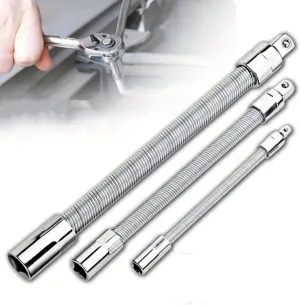 3-Piece Flexible Socket Extension Bar Set - 1/2", 3/8", 1/4" Shaft Drive, 10", 8", 6" - Spring-Loaded Detent Balls, Heavy-Duty Chrome-Vanadium Steel, Bendable Up to 45° for Tight Spaces
