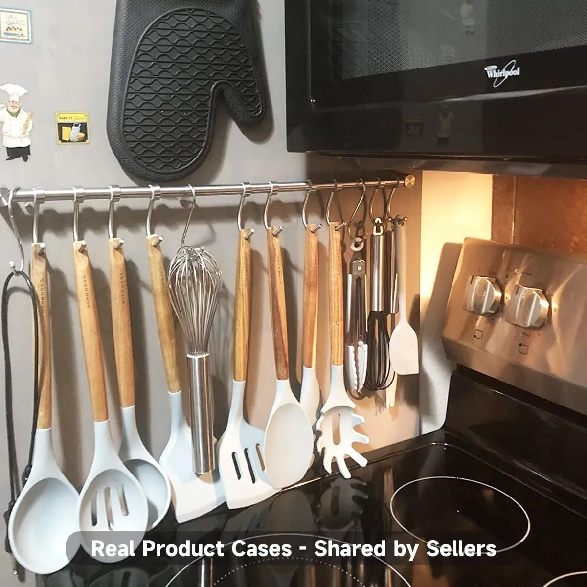 304 Stainless Steel Kitchen Utensil Hanger - 30 Inch Wall Mount with 15 Noiseless Sliding Hooks, Pots and Pans Hanging Rack, Organizer Storage Perfect for Organizing Cooking Tools, Golden