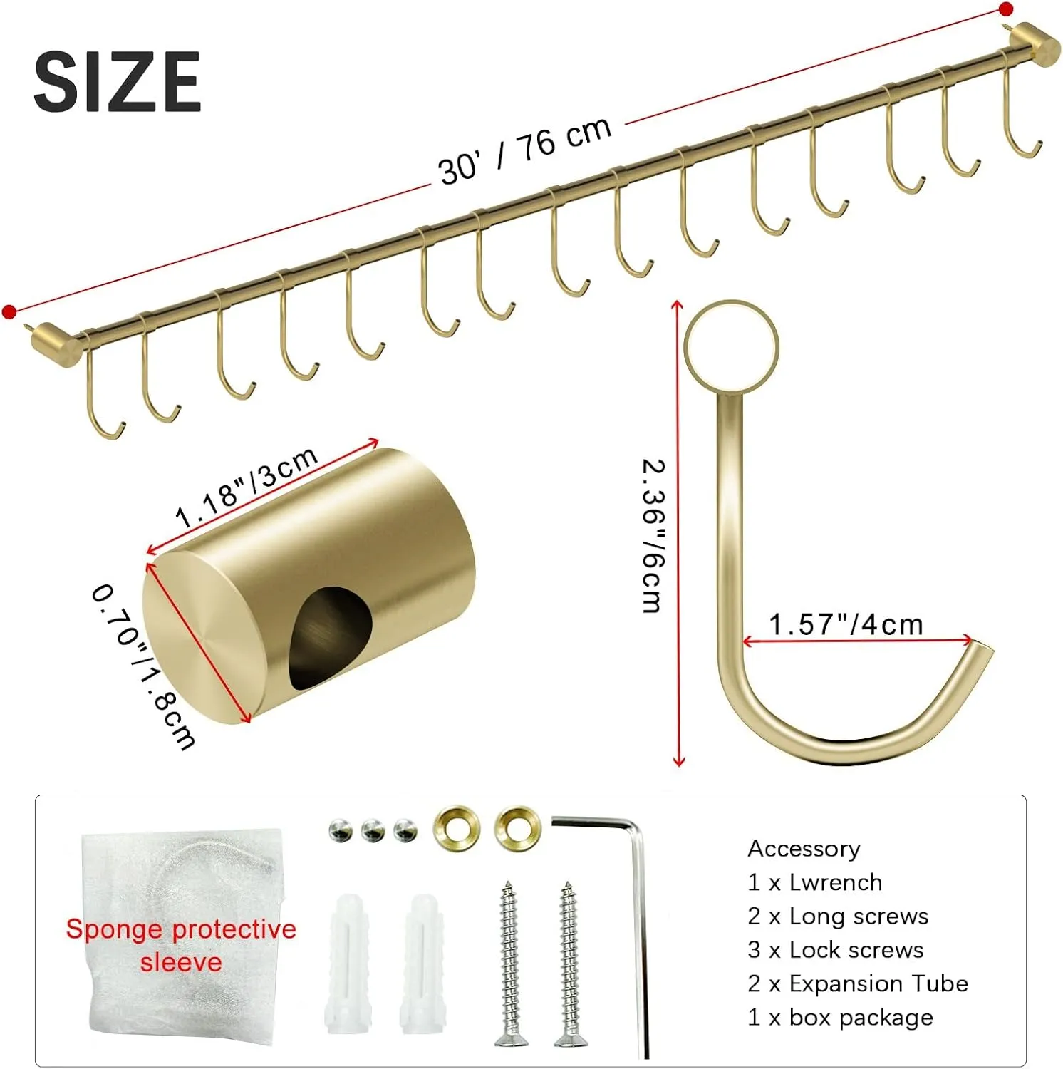 304 Stainless Steel Kitchen Utensil Hanger - 30 Inch Wall Mount with 15 Noiseless Sliding Hooks, Pots and Pans Hanging Rack, Organizer Storage Perfect for Organizing Cooking Tools, Golden