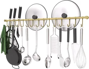 304 Stainless Steel Kitchen Utensil Hanger - 30 Inch Wall Mount with 15 Noiseless Sliding Hooks, Pots and Pans Hanging Rack, Organizer Storage Perfect for Organizing Cooking Tools, Golden