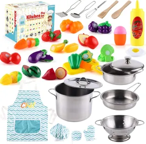 35 Pcs Kitchen Pretend Play Accessories Toys,Cooking Set with Stainless Steel Cookware Pots and Pans Set,Cooking Utensils,Apron,Chef Hat,and Cutting Play Food for Kids,Educational Learning Tool